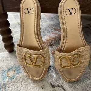 Valentino Garavani Gold and Tan Woven Sandals